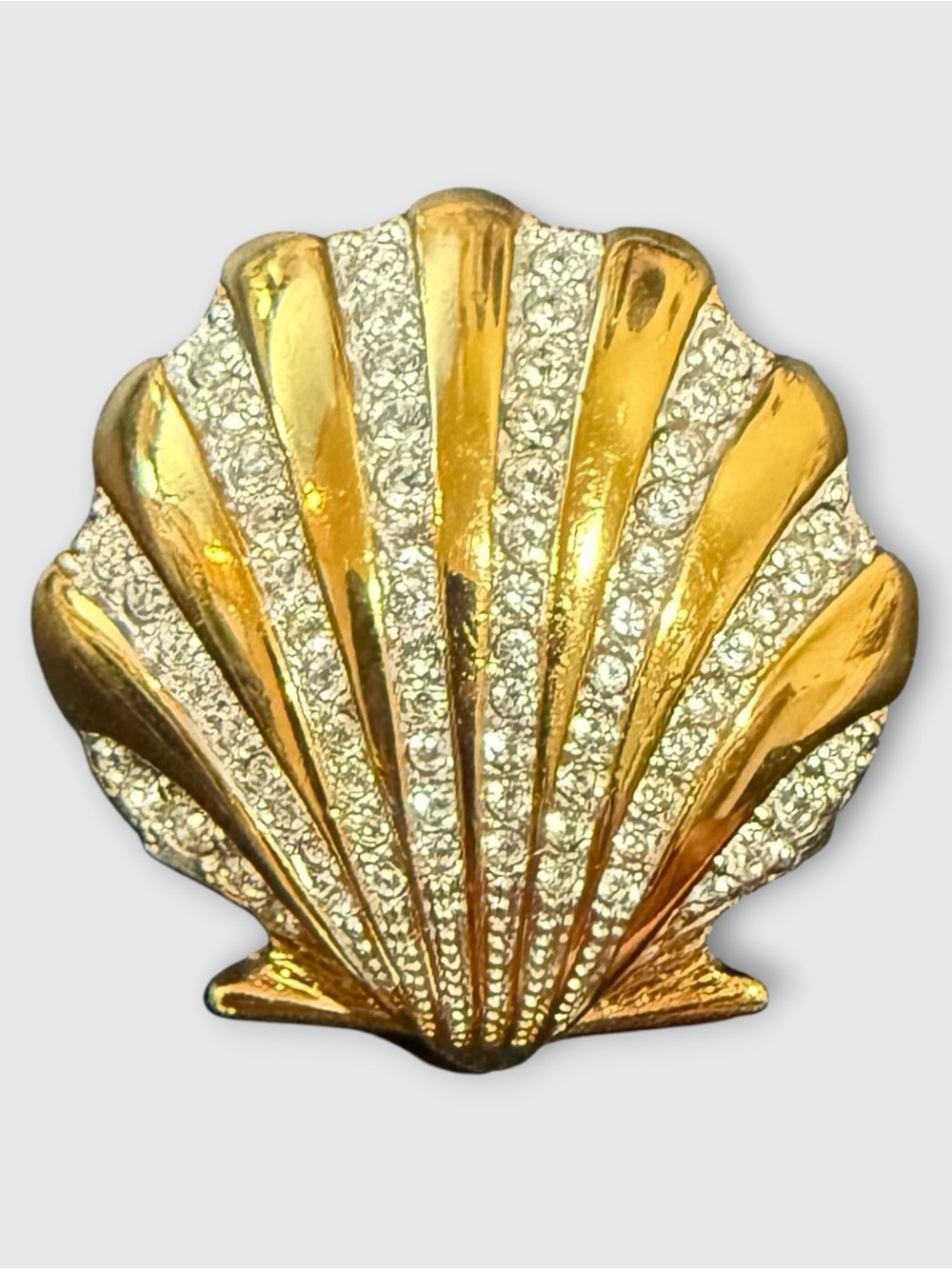 Swarvoski Gold Plated Shell Brooch Pin Bejeweled with Crystals